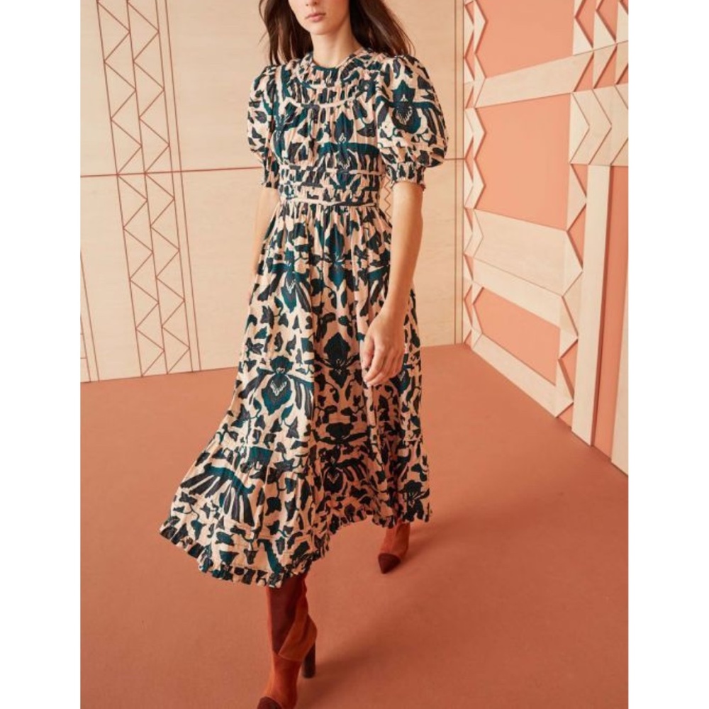 Ulla Johnson Cream and Teal Floral Midi Dress